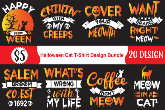 Halloween Cat T-Shirt Design Bundle