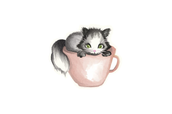 Watercolor Cat in a Coffee Cup